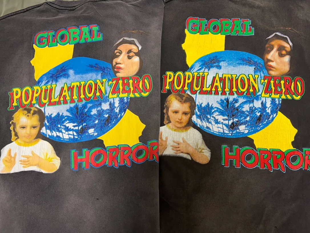 Printing and proofing SAINT MICHAEL SS TEE/ON EARTH/BLK Jesus, Mary and Infant Earth TEE Ready-made garments Aso special parts dyeing Washing and distressing Vintage craftsmanship Super complex and large-scale printing on the front and back Top purchasing technology